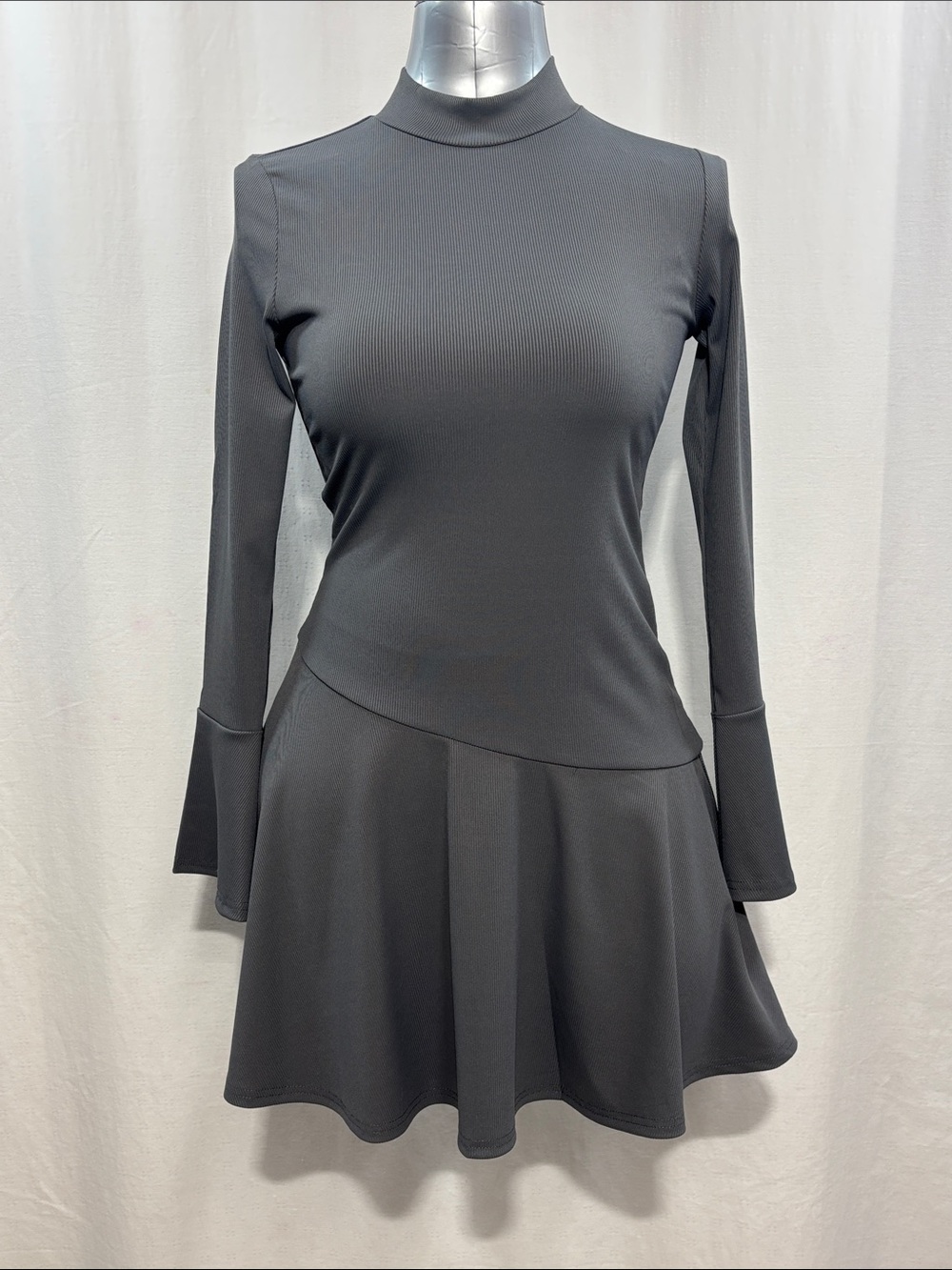 Mock Neck Grey Long-Sleeve Fit & Flare Dress